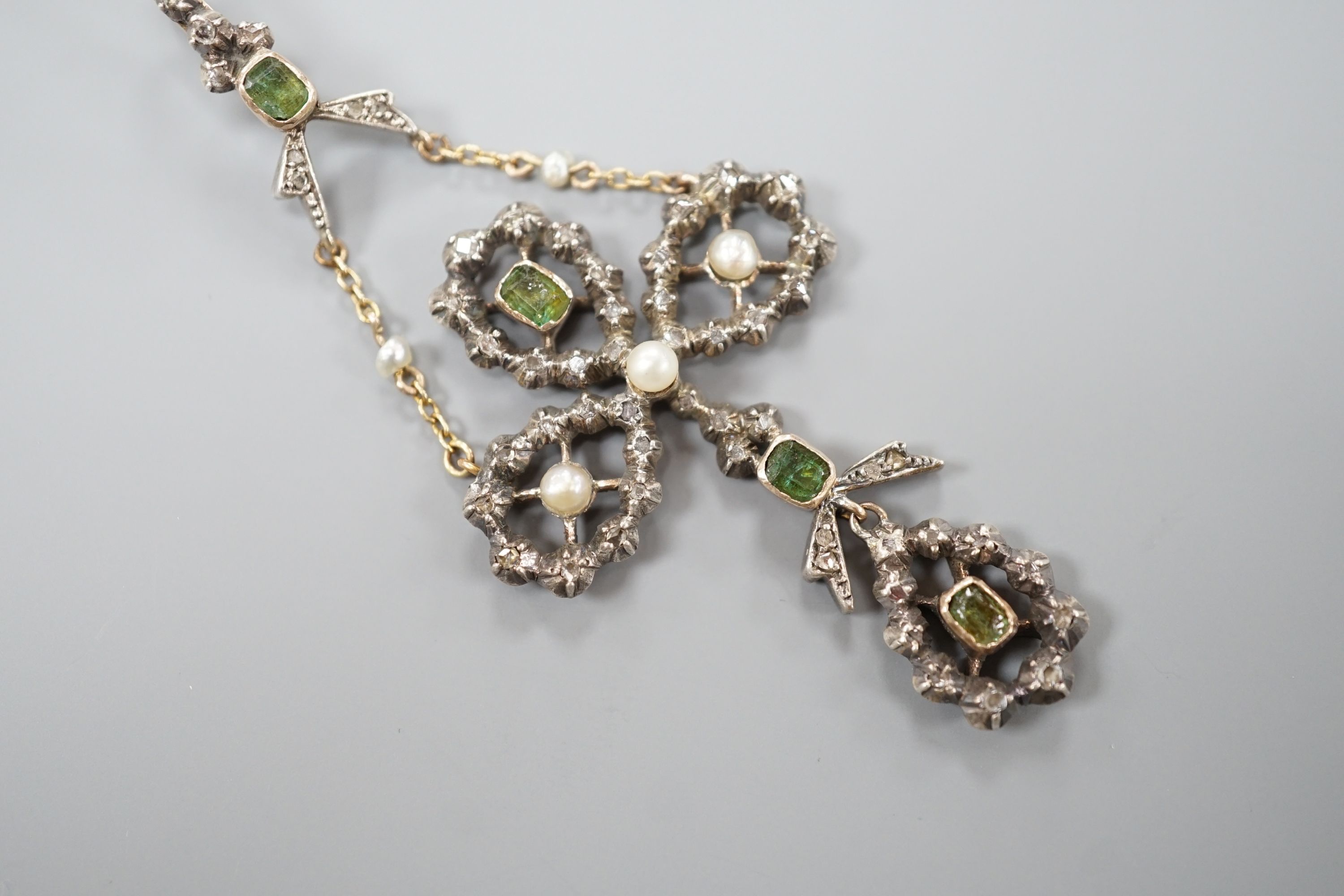 A 19th century continental, yellow and white metal, rose cut diamond, seed pearl and gem set drop pendant, 75mm, gross weight 10.4 grams.